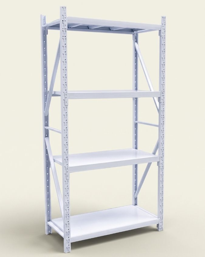 White boltless rack with steel shelves, rated 200kg per level