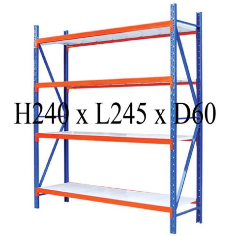 Warehouse rack H240 × L245 × D60cm with blue uprights, orange beams and steel shelves