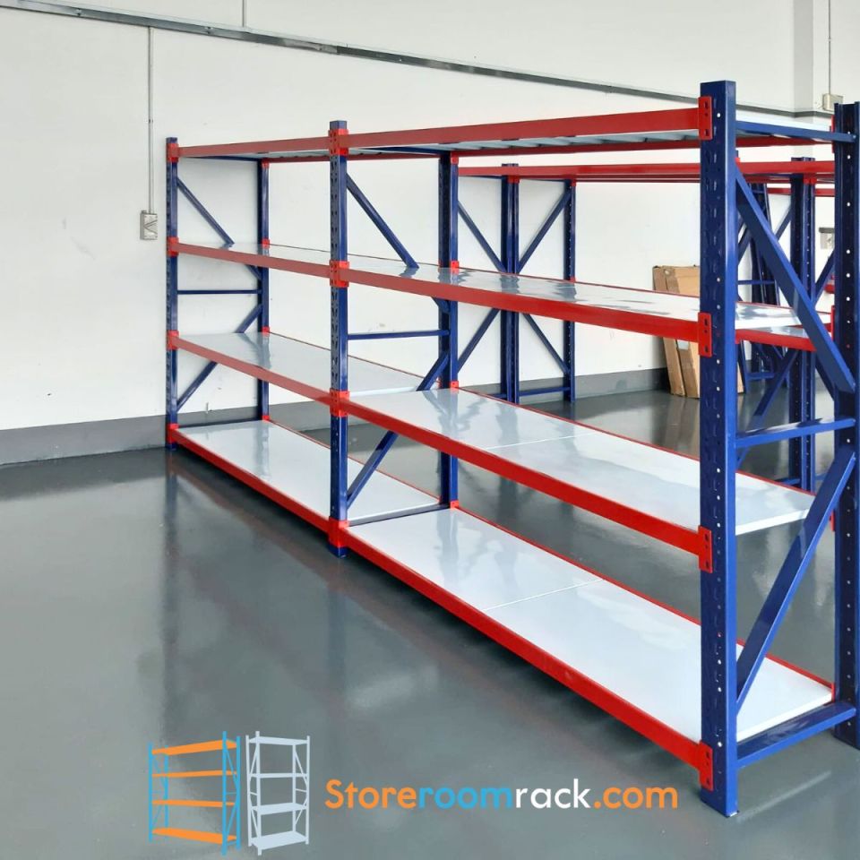 Blue and orange warehouse racks in a logistics facility