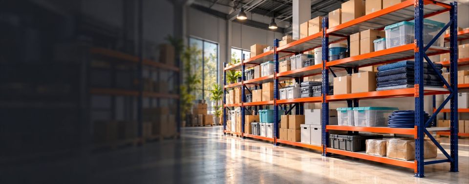 Warehouse with long runs of blue and orange boltless racks stocked with cartons and storage boxes
